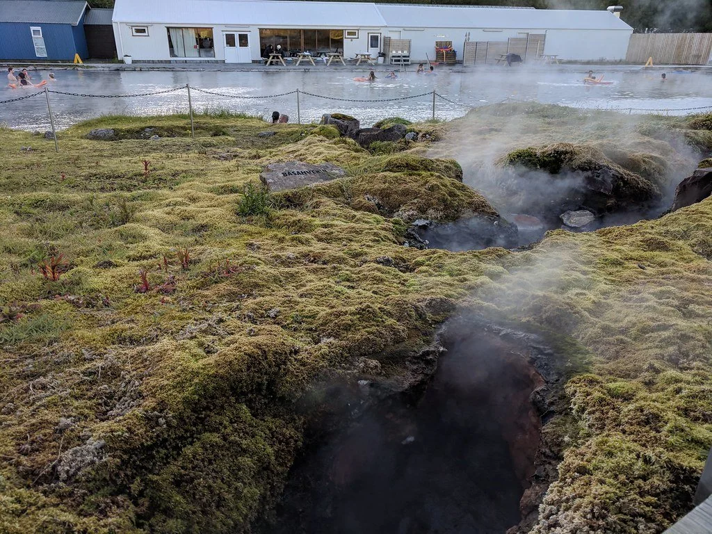 Steaming geothermal sources beside the Secret Lagoon pool at Flúðir (archive photograph)