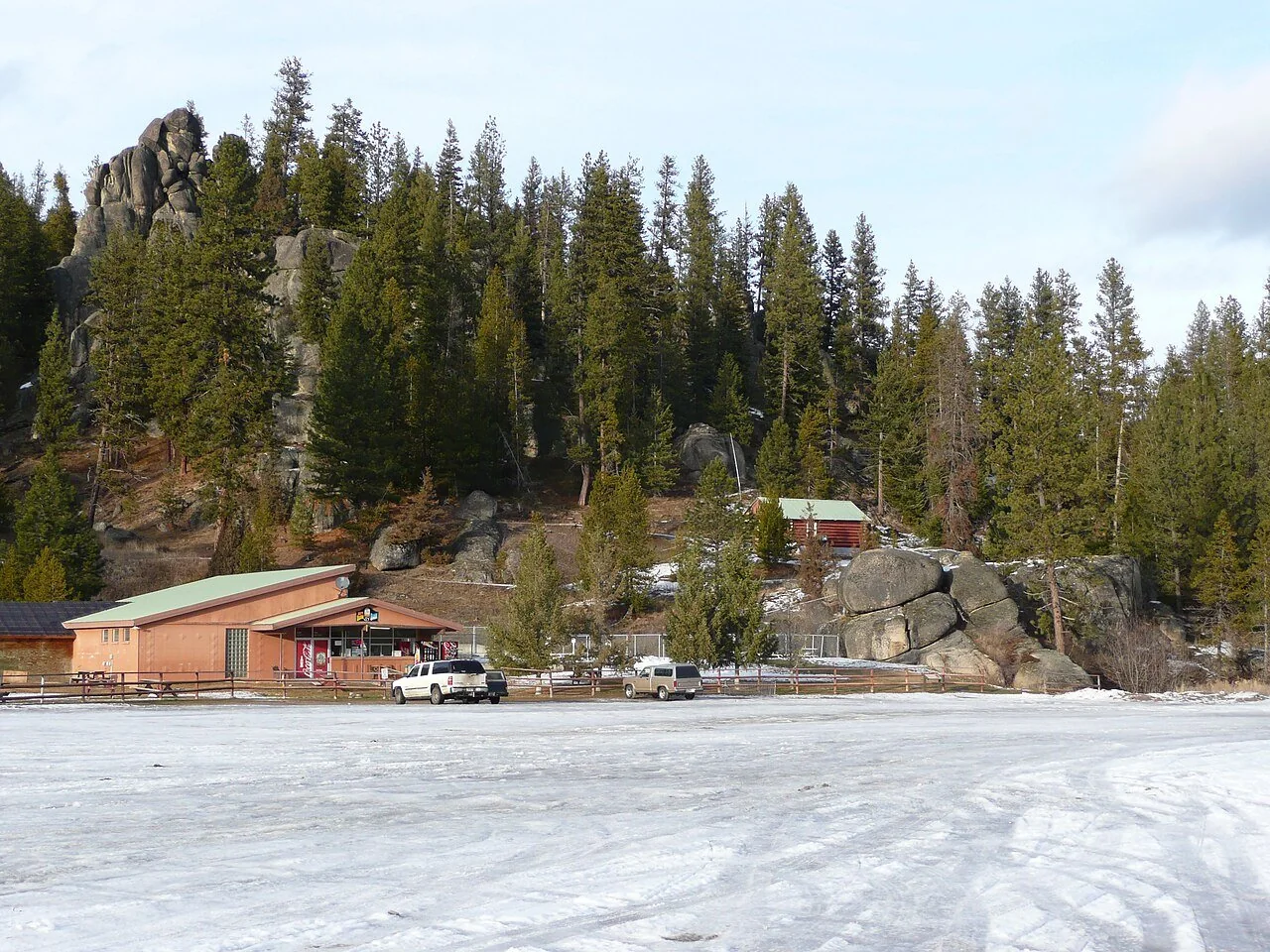 Resort bathhouse exterior in winter at Lolo Hot Springs Resort (archive photograph)
