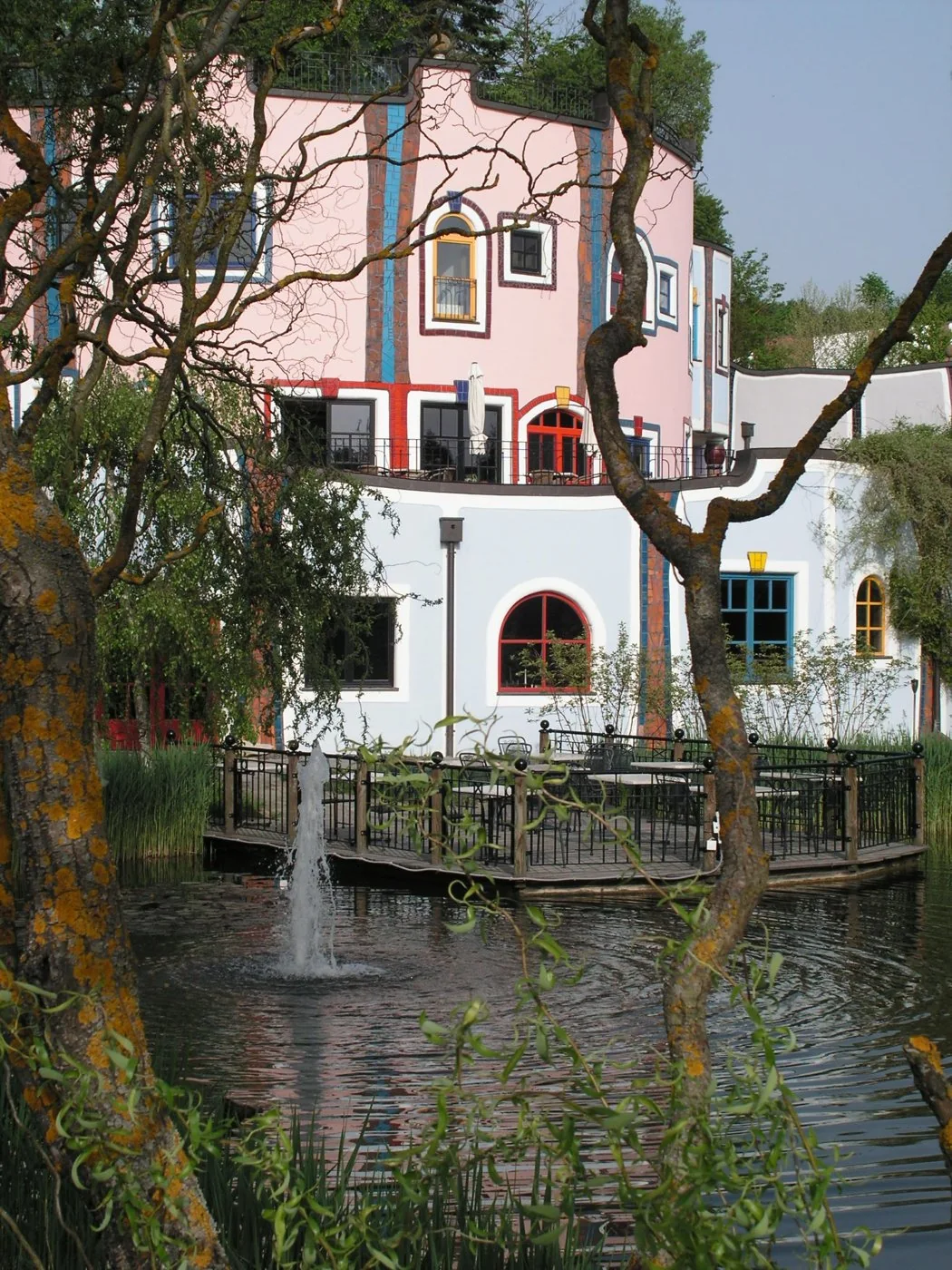 Colorful architecture and garden at Rogner Bad Blumau thermal resort